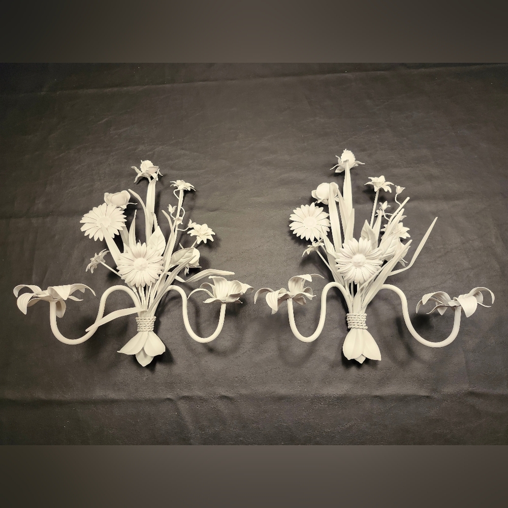 Vintage TOLEWARE White Floral Metal Wall Sconce Pair - Elegant Home Wall Decor